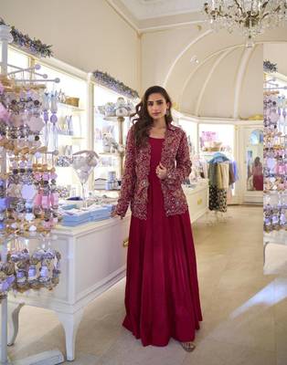 Maroon Silk Free Size Stitched Suit with Embroidery  1
