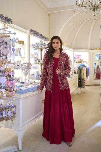 Silk free size stitched suit with embroidery work