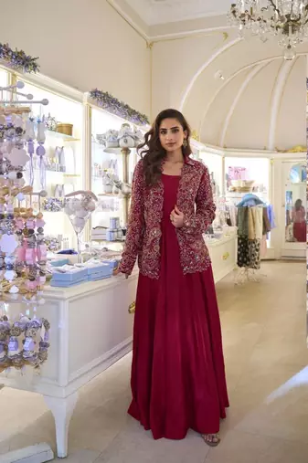 Silk free size stitched suit with embroidery work