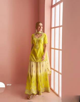 Yellow Chinon Free Size Stitched Suit with Embroidery  1