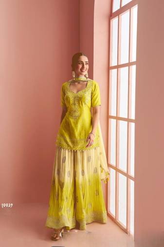 Chinon free size stitched suit with embroidery work