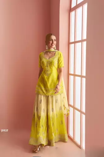 Chinon free size stitched suit with embroidery work