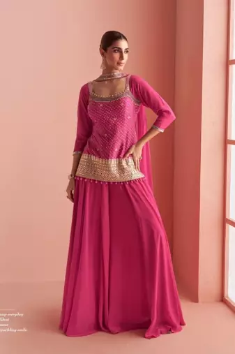 Pink Chinon Free Size Stitched Suit with Embroidery 