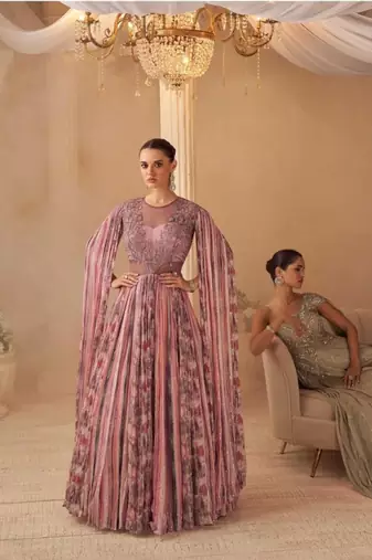 Pink Chinon Silk Free Size Stitched Gown with Embroidery 