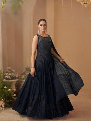 Black Chinon Silk Free Size Stitched Gown with Embroidery  2