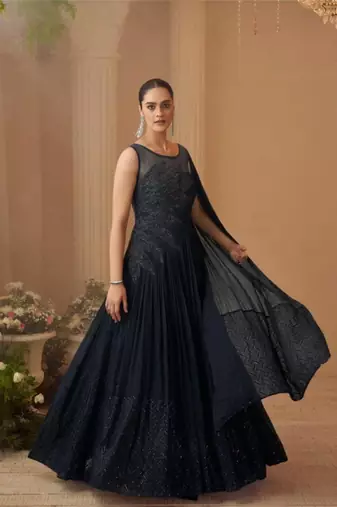 Black Chinon Silk Free Size Stitched Gown with Embroidery 