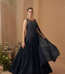 Black Chinon Silk Readymade Stitched Gown with Embroidery Work