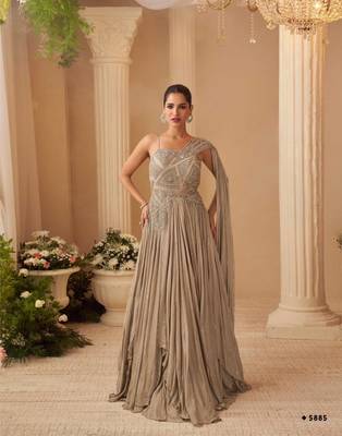Cream Chinon silk free size stitched gown with embroidery  1