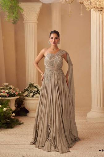 Chinon silk free size stitched gown with embroidery work