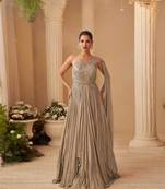 Cream Chinon silk free size stitched gown with embroidery 