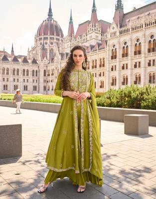 Mehendi Silk Free Size Stitched Suit with Embroidery  1