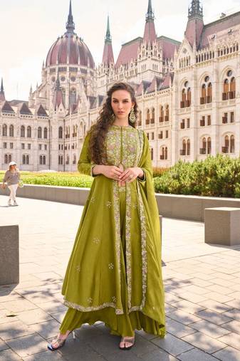 Mehendi Silk Free Size Stitched Suit with Embroidery Work