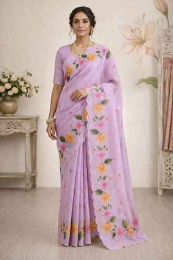 Sangam prints purple cotton print  woven work traditional saree