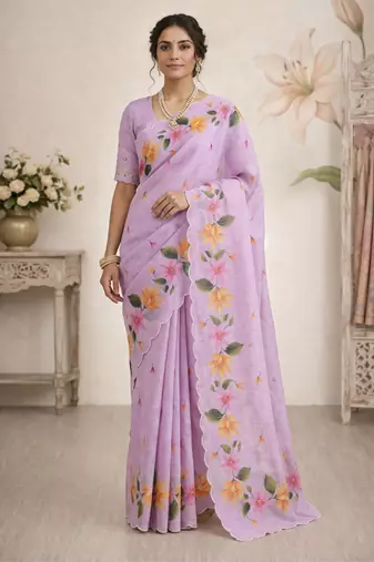 Sangam prints purple cotton print   woven work traditional saree