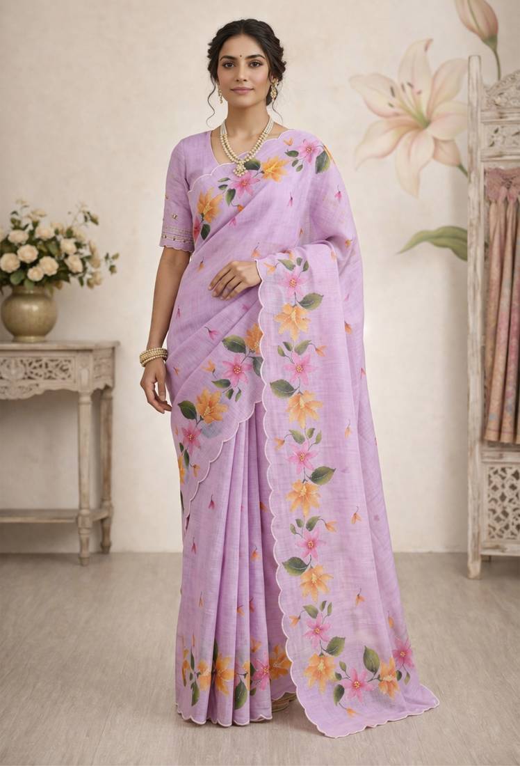 Sangam prints purple cotton print  woven work traditional saree