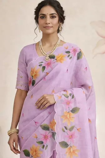 Sangam prints purple cotton print   woven work traditional saree
