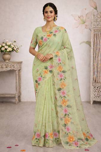 Sangam prints green cotton print  woven work traditional saree