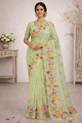 Sangam prints green cotton print   woven work traditional saree