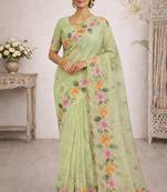 Sangam prints green cotton print  woven work traditional saree