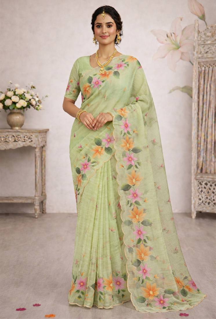 Sangam prints green cotton print  woven work traditional saree