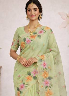 Sangam prints green cotton print   woven work traditional saree 2