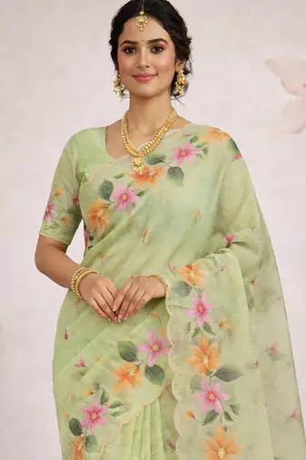 Sangam prints green cotton print   woven work traditional saree