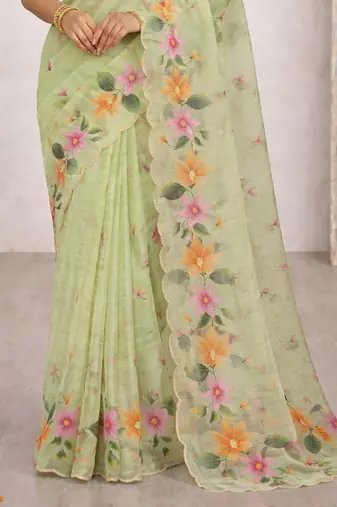 Sangam prints green cotton print   woven work traditional saree
