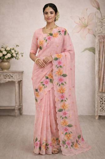 Sangam prints pink cotton print  woven work traditional saree
