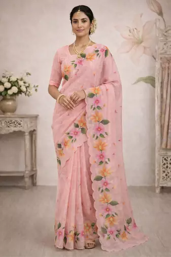 Sangam prints pink cotton print  woven work traditional saree