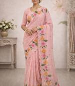 Sangam prints pink cotton print  woven work traditional saree