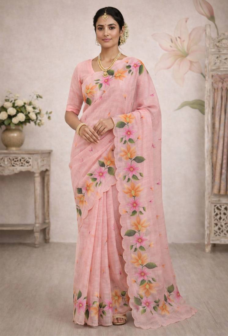 Sangam prints pink cotton print  woven work traditional saree