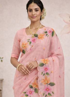 Sangam prints pink cotton print   woven work traditional saree 2