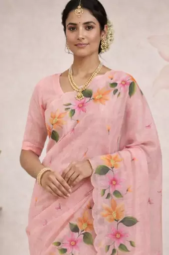 Sangam prints pink cotton print   woven work traditional saree