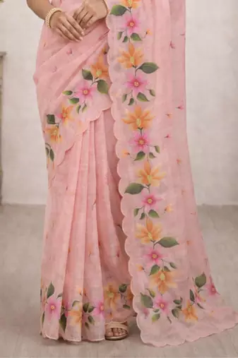 Sangam prints pink cotton print   woven work traditional saree