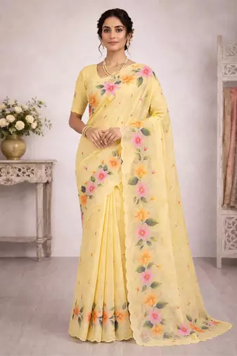 Sangam prints yellow cotton print  woven work traditional saree