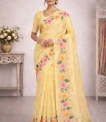 Sangam prints yellow cotton print  woven work traditional saree