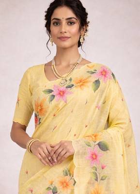 Sangam prints yellow cotton print   woven work traditional saree 2