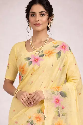 Sangam prints yellow cotton print   woven work traditional saree