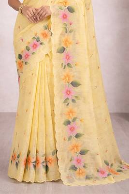 Sangam prints yellow cotton print   woven work traditional saree 3