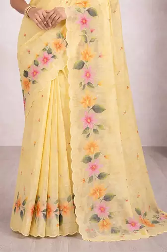 Sangam prints yellow cotton print   woven work traditional saree