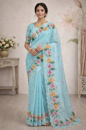 Sangam prints sky blue cotton print   woven work traditional saree
