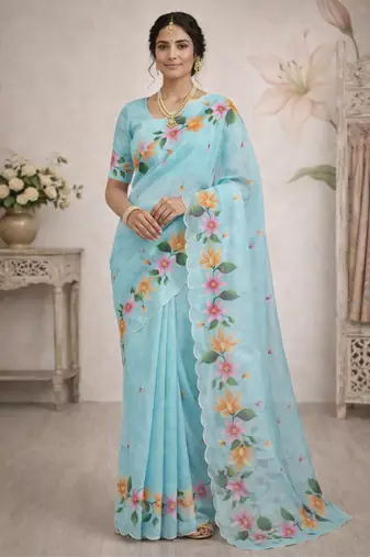 Sangam prints sky blue cotton print   woven work traditional saree