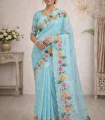 Sangam prints sky blue cotton print  woven work traditional saree