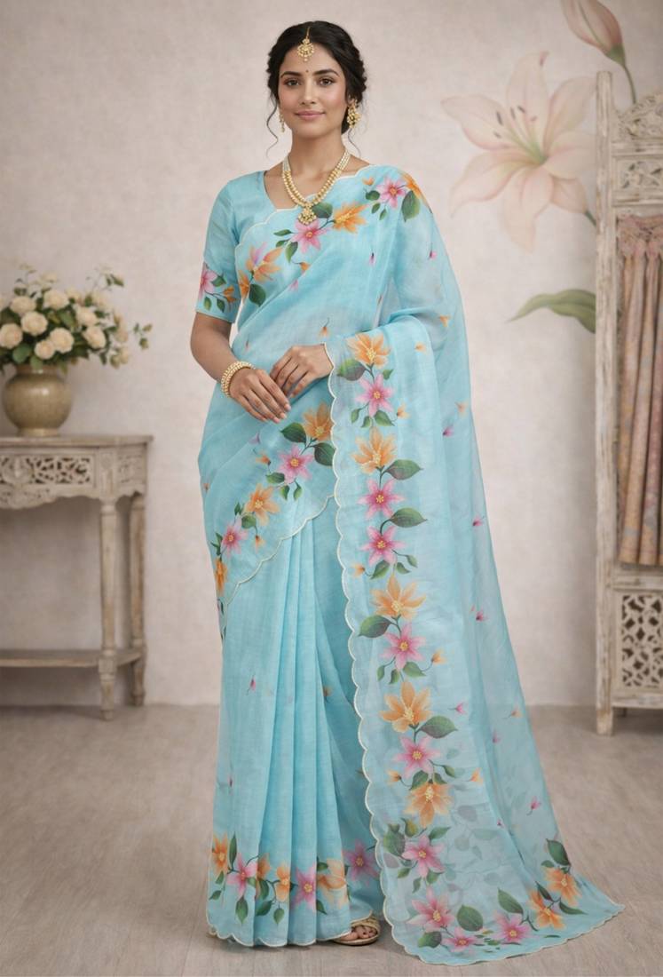 Sangam prints sky blue cotton print  woven work traditional saree