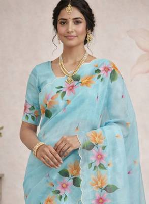 Sangam prints sky blue cotton print   woven work traditional saree 2
