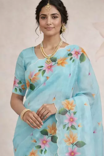 Sangam prints sky blue cotton print   woven work traditional saree
