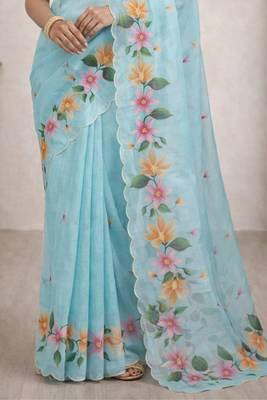 Sangam prints sky blue cotton print   woven work traditional saree 3