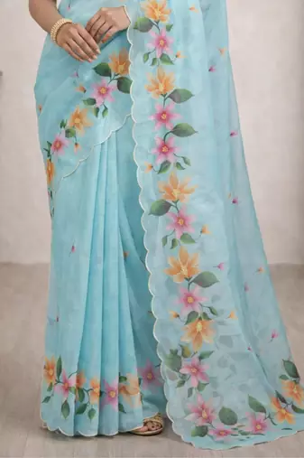 Sangam prints sky blue cotton print   woven work traditional saree