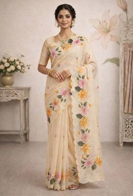 Sangam prints beige cotton print   woven work traditional saree 1