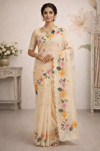 Sangam prints beige cotton print  woven work traditional saree